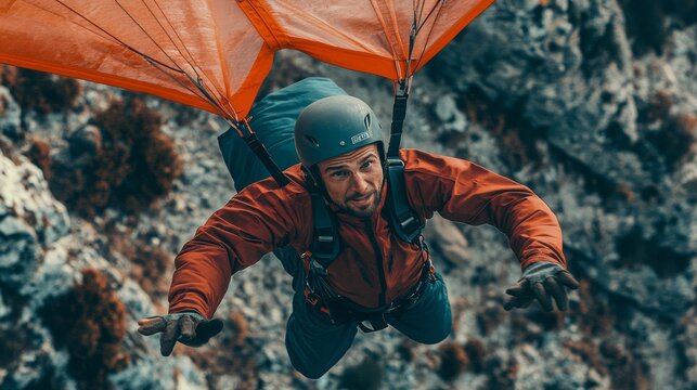 Suspended in the golden light of sunset a man expertly maneuvers his hang glider gliding gracefully above majestic cliffs and rugged terrain embraced by natures beauty