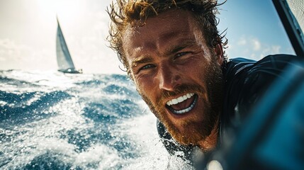 A man exudes exhilaration as he sails close to the waves his smile radiating joy against the backdrop of a sunny sky and distant sailboat Adventure awaits on the open water