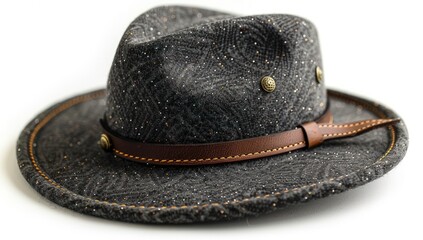 A grey cowboy hat with a brown leather band and stitching detail on a white background.