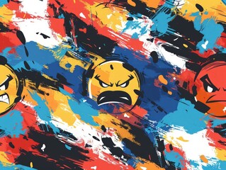 Energetic abstract patterns with bold strokes and angry emojis, symbolizing tension and conflict.