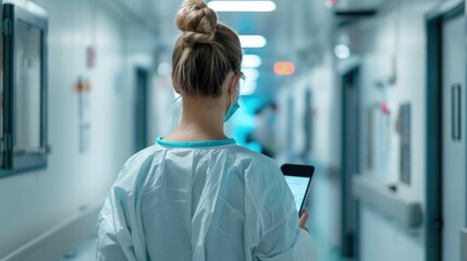 A medical patient using a symptom tracking app on their smartphone in a blurred hospital or clinic setting showcasing the use of technology and digital tools for healthcare monitoring and diagnosis