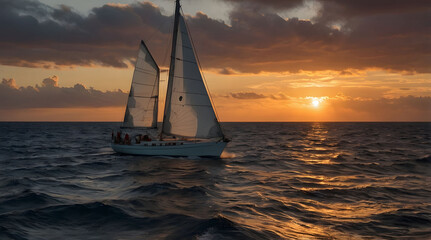 Sailboat Navigating the Ocean at Sunset
