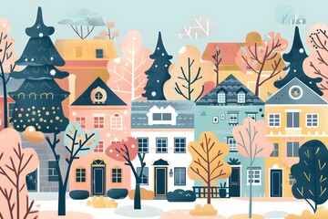 Obraz premium Winter Village Landscape Illustration with Colorful Houses and Trees