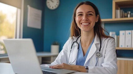Smiling doctor with laptop at table in clinic. Online consultation. copy space for text.