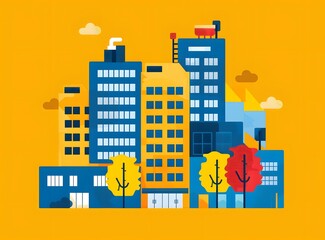 Flat Design Illustration of City Buildings with Yellow and Blue Colors