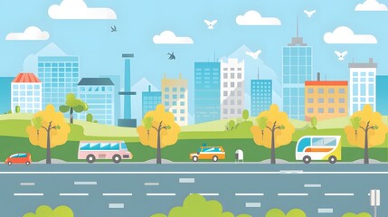 Cityscape Illustration With Buildings, Trees, Cars and Buses
