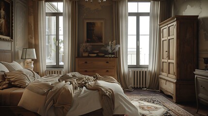 A classic chamber with a rustic dresser done in calm light hues