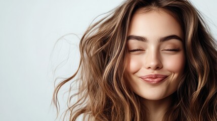 Fototapeta premium With a playful smile illuminating her face a woman showcases her healthy complexion and vibrant hair embodying confidence and joy in a tranquil indoor atmosphere