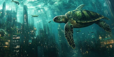 Obraz premium A sea turtle swims above a flooded city.