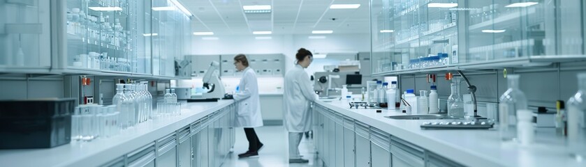 Fototapeta premium Two scientists in white lab coats are working in a lab