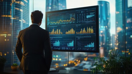 Fototapeta premium A CEO reviews growth metrics on a large screen in a high-tech office, with bright lighting emphasizing focus on performance and data-driven decisions.