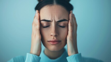 Close up portrait of a woman with closed eyes and hands on her head appearing to be experiencing mental health challenges or distress related to a chronic medical condition