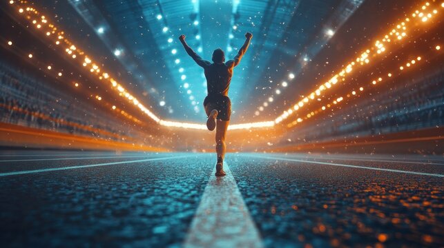 A person crosses the finish line with arms raised in victory in a sports arena, under bright stadium lights, capturing a triumphant moment and sense of triumph.