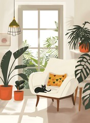 Cozy Living Room With Plants and a Cat