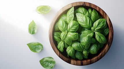 Obraz premium Overhead View of Vibrant Basil Leaves in Handcrafted Wooden Bowl on Clean White Background