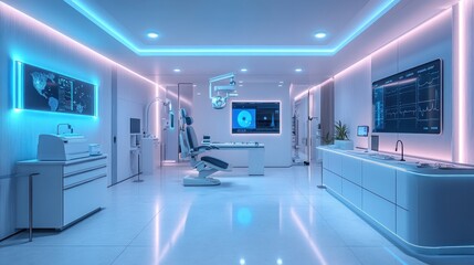 An ophthalmological office equipped with augmented reality tools and sleek diagnostic interfaces, featuring soft lighting and modern decor for a cutting-edge experience.