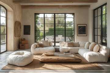 inviting living room bathed in warm natural light from large window comfortable furniture and soft textures create a cozy welcoming atmosphere with a modern aesthetic