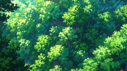 Aerial View of Lush Greenery Forest in Anime Style