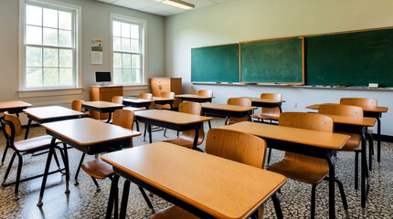 Tradycyjna klasa, drewniane biurka i krzesła ustawione w rzędach. Na przodzie klasy umieszczono białą tablicę oraz zieloną tablicę kredową. 