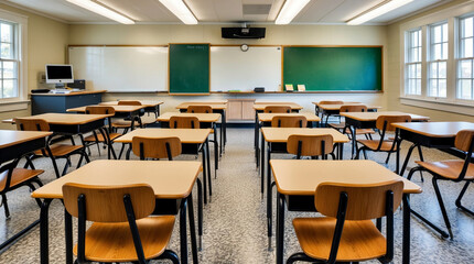 Pusta Szkolna Sala Lekcyjna z Ławkami i Tablicą