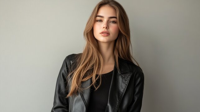 In a modern studio a woman stands confidently exuding elegance in her black attire Her serene expression complements the minimalist backdrop capturing a moment of poise