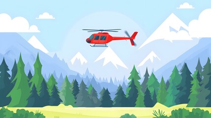 Red Helicopter Flying Over Mountains and Forest