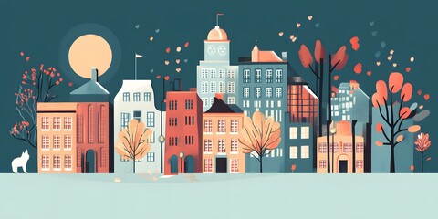 Night Cityscape with Full Moon and Autumn Leaves