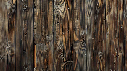Rustic Dark Wooden Planks Background with Natural Knots and Distressed Textures, featuring deep, rich brown tones and a weathered appearance. The wood grain is prominent, showcasing organic imperfecti
