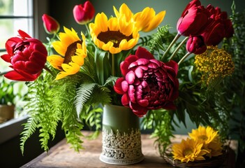 vibrant floral arrangements surrounded lush greenery creating stunning natural backdrop, bouquet, flower, plant, blossom, leaf, decoration, color, garden