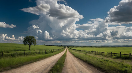 A Dirt Road Stretching Through a Vast Green Field Under a Dramatic Cloudy Sky