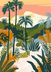 Tropical Landscape Illustration with Palm Trees and Mountains