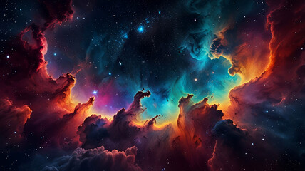 Fototapeta premium Vibrant nebula in a galactic space cloud. Starry night sky and cosmic expanse. Astronomy and universe science. Supernova-themed background wallpaper
