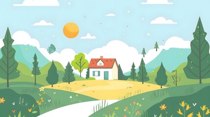 Naklejka premium Cute Cartoon Landscape Illustration With A House In The Mountains