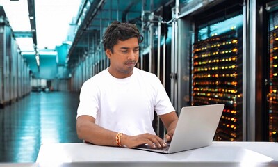 Technician Sitting next to the server in the data storage room.
