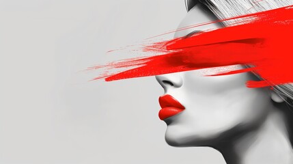 A woman with red lipstick and red eyeshadow