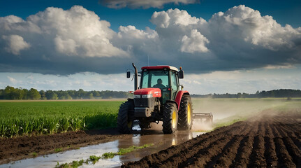 Obraz premium Red Tractor Tilling a Field with Ploughing Equipment