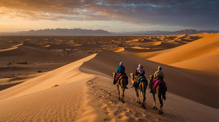 Camel Riders in a Desert Landscape at Sunset