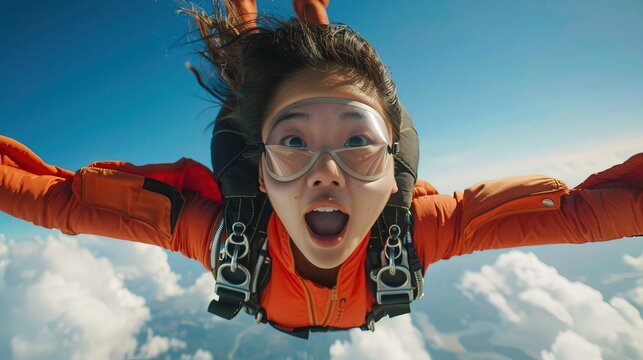 Chinese woman Skydiving Against a Bright Blue Sky. Freedom and Adventure. Extreme Sports, Travel
