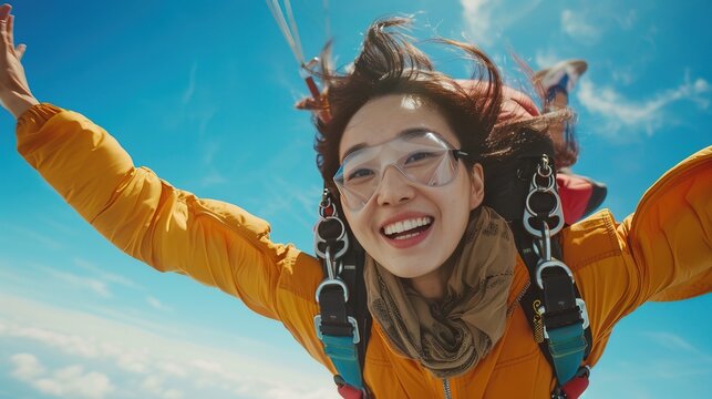 Korean woman Skydiving Against a Bright Blue Sky. Freedom and Adventure. Extreme Sports, Travel 