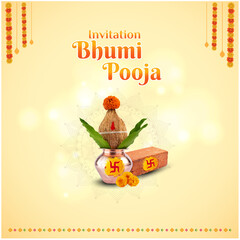 Bhoomi Pooja Invitation, laying of foundation stone, New Start, Real Estate, Construction Concept. Kalash, Shubh, Floral Etc, Vector Design editable Layered 