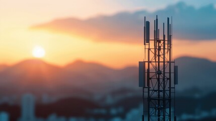 Cellular tower silhouette against a vibrant sunset sky showcasing the power of 5G edge computing technology to enable real time data processing and deep field connectivity across the urban landscape