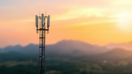 5G rural access tower bringing high speed wireless connectivity to remote and underserved areas silhouetted against a dramatic sunset landscape with majestic mountains and clouds in the distance
