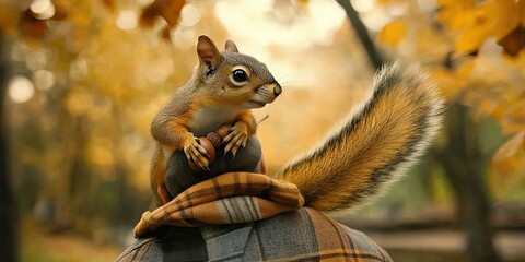 Squirrel perched on a person's shoulder.