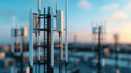 Futuristic 5G network infrastructure development with new tower and antenna installations against a blurred urban skyline backdrop during a vibrant sunset sky