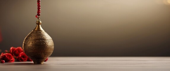 Ornate Golden Pendant with Red Bead Chain and Roses