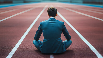 Back view of businessman sitting on a running track. Generative AI illustration