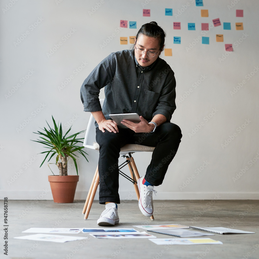 Poster Reading, research and business man on tablet with documents for creative idea or problem solving. Thinking, tech or graphic designer in startup for project inspiration or decision with paper on floor