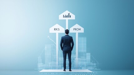 A businessman stands at a crossroads sign labeled risks and rewards, symbolizing the crucial decisions involved in venture capital investments. The background features a subtle financial chart,