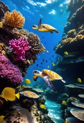Fototapeta premium vibrant underwater scenes showcasing diverse marine ecosystems colorful coral exotic lush aquatic flora, reefs, fish, ocean, biodiversity, sea, life, habitat