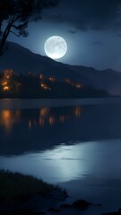 夜の月と湖と町明かり